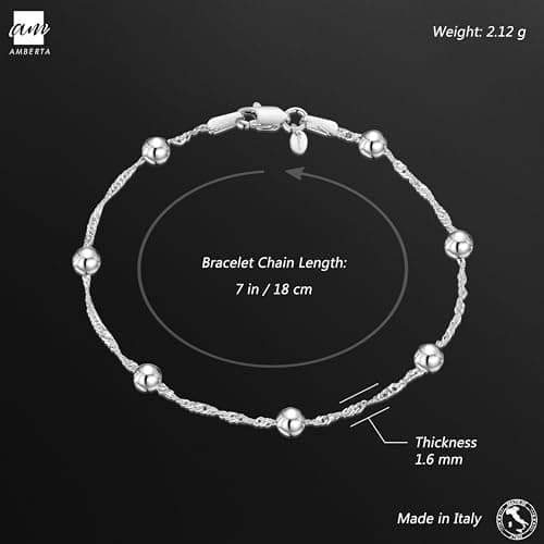Amberta Bijoux - Bracelet en Argent 925 - Chaîne Maille Singapour et Boules - Largeur 1,4/4 mm - Longueur 18/19 cm