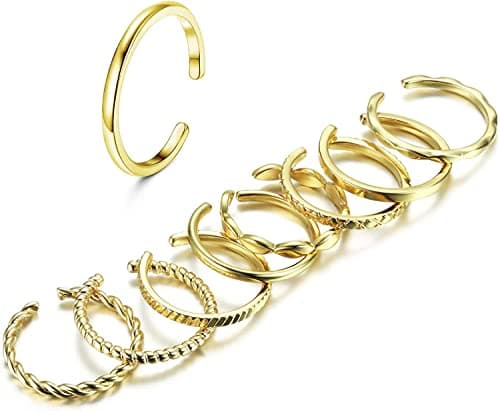 Adramata 8 Pcs Bagues Réglables Or Plaqué 14K Femme Homme Empilables Épais et Mince