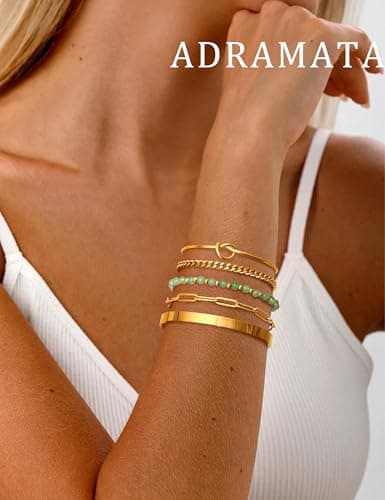 Adramata Chaînes Bijoux Femme Or Acier Inoxydable Plaqué 14K Réglable Imperméable Fantaisie Pierre Naturelle 5 Pièces