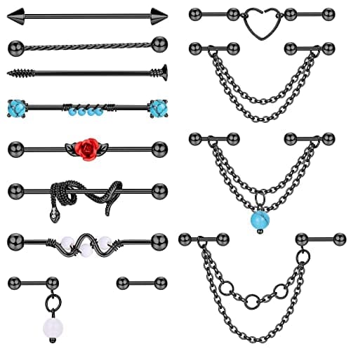 Adramata 13 Pièces Piercings Industriels 14G 16G Acier Chirurgical Boucles d'Oreilles Helix Cartilage Serpent Or Argentb — Le Noir