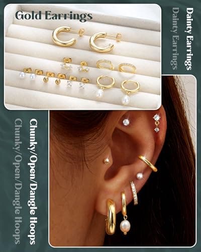 Adramata 14 Pairs Boucles d'Oreilles Femme Plaquées Or 14K Hypoallergénique Boucles d'Oreilles Pendantes Helix Tragus Pi