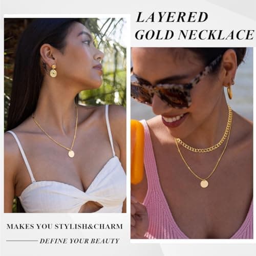 WOXJENA Collier Acier Inoxydable Or 14K Réglable Femmes, Perles Empilables, Pendentif Pièce de Monnaie, 3 Pièces Bijoux