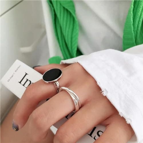 GleaMora S925 Argent Minimaliste Réglable Bague Personnalisée Femmes Ovale Noir Léger Luxe