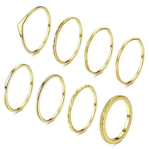 Adramata 8 Pièces Bagues Femme Acier Inoxydable Plaqué Or 14K Empilables minces Minimalistes Bagues de Déclaration Boho