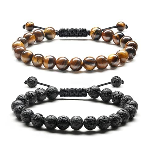 Bracelet Adramata Homme Pierre Naturelle 8mm Oeil de Tigre Reglable Bijoux Cadeau Recycled Standard 100 — 2 Pcs Pierre de Lave-Oeil de Tigre