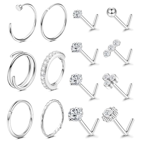 Adramata Or 14K Piercing Nez Acier Chirurgical Anneaux pour Hommes Femmes Hypoallergénique Anneau de Nez 20G Coeur Pierc — Argent-CZ