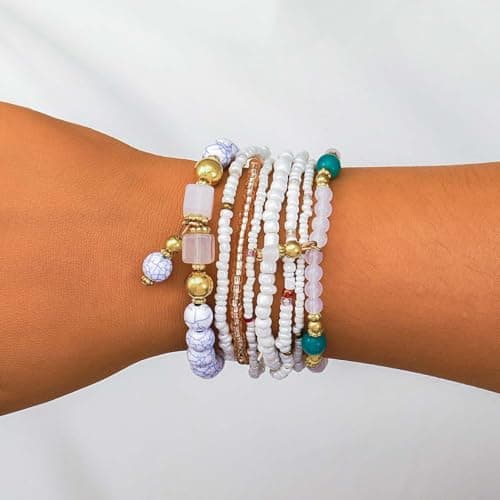 Jovono Boho Bracelets empilables en perles pour femmes - Chaîne de main élastique vintage - Perles de rocaille colorées