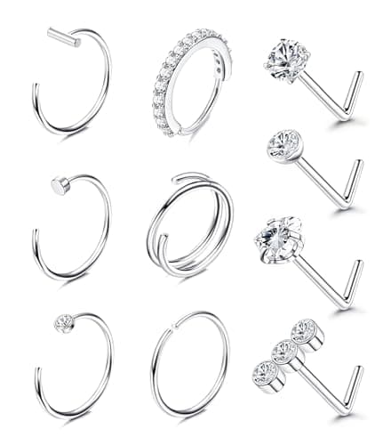 Adramata Piercings au Nez Or 14k Femme Homme 10 Pièces 20G Piercing Rond CZ Coeur Bijoux Percing Or Argent Épingles de N