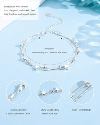 Bracelet Argent 925 VGWON Femme Étoiles Perles Cadeau Adolescentes Personalisé Longueur Réglable