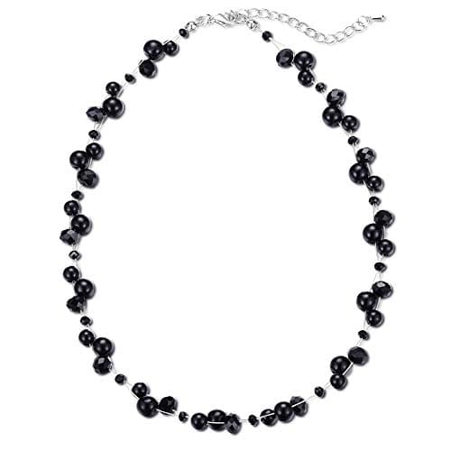 F LU AUTOMNE Collier Perle et Cristal Femme Argent Bijoux Bohème Cadeau Fête Mères — Noir