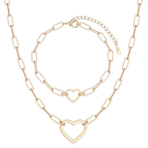 Collier et Bracelets Acier Inoxydable Plaquées Or 18K pour Femme Imperméable Recyclé 100% Chain Argent/Or Reglable Set S — Or Rose