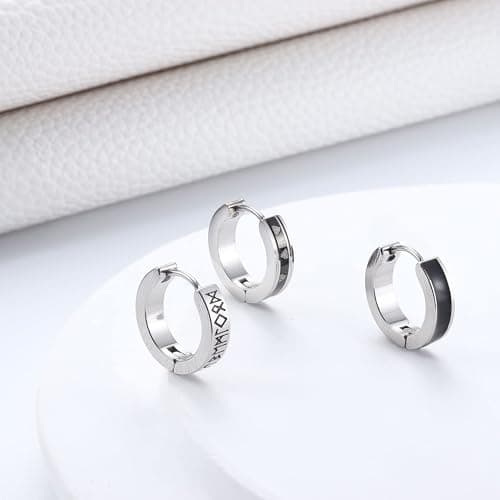 Adramata Lot de 3 paires de boucles d'oreilles créoles viking en acier inoxydable - Homme et Femme - Noir - Diamètre int