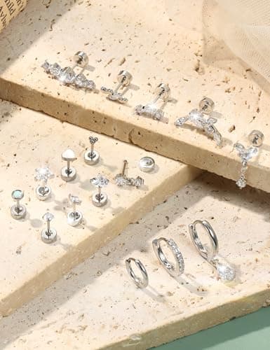Adramata Acier Inoxydable Boucles d'Oreilles Femme Piercings Oreille Or Argent 16Pcs Helix Conch Tragus Cartilage Soldes