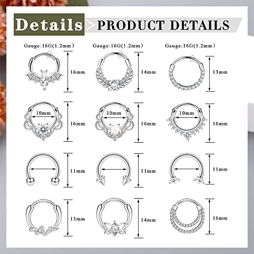 Adramata Nez Anneaux Piercing pour Femmes Septum Piercing Nez Ensemble Accueillant 12PCS Acier Chirurgical Opales CZ