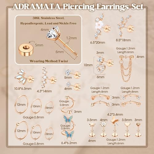 Adramata 16G Piercing Oreille Acier Inoxydable Boucles d'Oreilles Femme | Helix Or Argent | Créoles Piercing Conch Daith