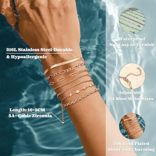 Adramata Platine Or 14K Réglable Empilable Chaîne Bracelet Femme Serpent Fantaisie Argent Or Rose Recyclé 7 Pièces Stand