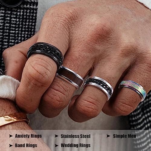 Adramata Bague en Acier Inoxydable pour Homme Noir Anti Stress Spinner Fidget Noir Acier Inoxydable Bague Homme Recycled