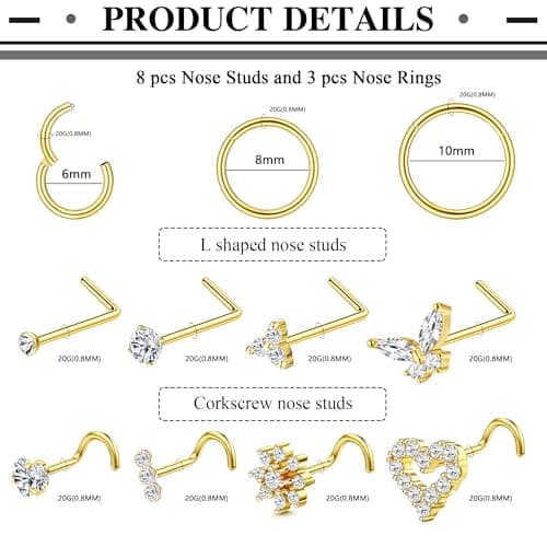 Milacolato Piercings Nez en Acier Chirurgical Clicker pour Femme en L et Spirale Or Argent 20G/18G Anneaux de Piercing a