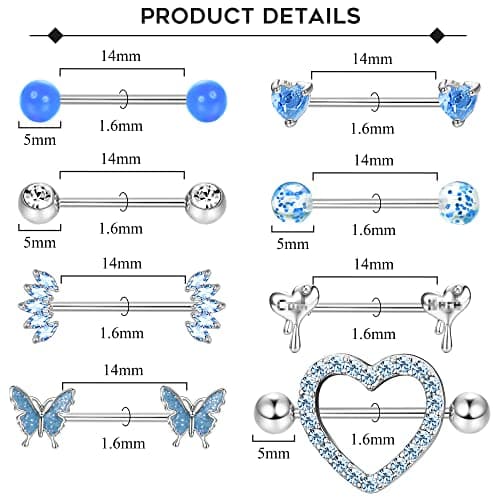 Adramata 8 Paires de Piercing de Mamelon en Acier Chirurgical pour Femmes - Coeur Papillon - Recycled Claim - Standard 1