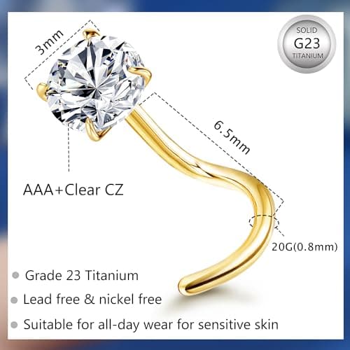 Chriscoco Piercing Nez Titane 6 Pièces Or Argent 18G 20G Cubique Zircone CZ Forme L 3mm