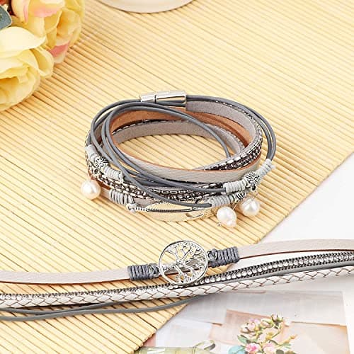 Adramata 2 Pcs Manchette Femme Cuir Bohème pour Mère et Amis Fermoir Magnétique