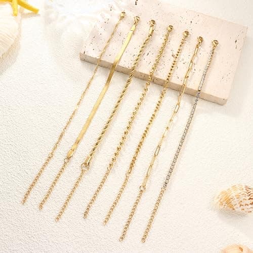 Adramata Chaîne Bracelet Acier Inoxydable Femme Regelable Réglable CZ Fantaisie Argent Or Ensemble 7 Pcs pour Femmes Fil