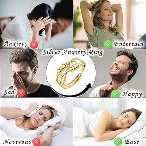 Josfeva Bague anti-anxiété en argent sterling 925 régler en plaqué or blanc pour homme et femme, bijoux relaxation événe