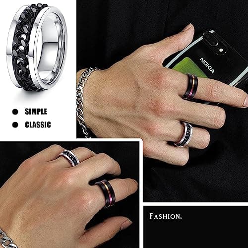 Adramata Bague en Acier Inoxydable pour Homme Noir Anti Stress Spinner Fidget Noir Acier Inoxydable Bague Homme Recycled