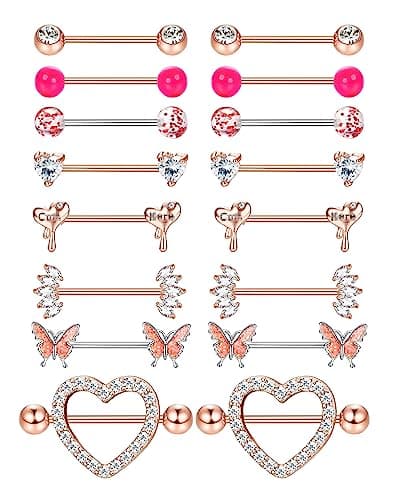 Adramata 8 Paires de Piercing de Mamelon en Acier Chirurgical pour Femmes - Coeur Papillon - Recycled Claim - Standard 1 — Or Rose