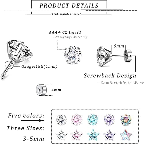 Adramata 10 Paires Boucles d'Oreilles Acier Inoxydable Étoile Cubique Zircone Tragus Barbell Femmes Recycled Claim Stand