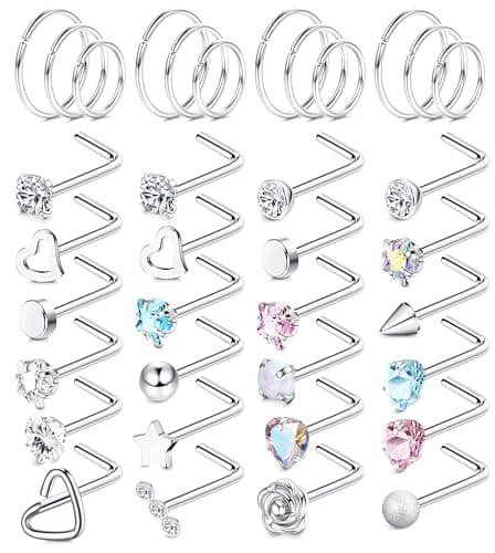 Chriscoco Piercing Nez Bijoux 36Pcs 18G 20G Acier Chirurgical Opale CZ Anneau Nez pour Femmes Hommes Disponibles — 18G-1MM-Argent