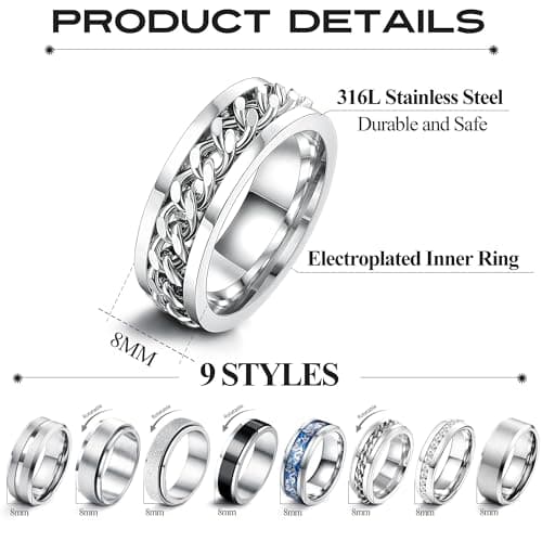 Adramata 9Pcs Bague Homme Anti Stress Recycled Argent Noir Acier Inoxydable Bague Mariage Fidget Bijoux Homme vintage