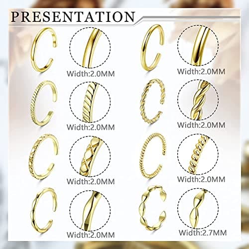 Adramata 8 Pcs Bagues Réglables Or Plaqué 14K Femme Homme Empilables Épais et Mince