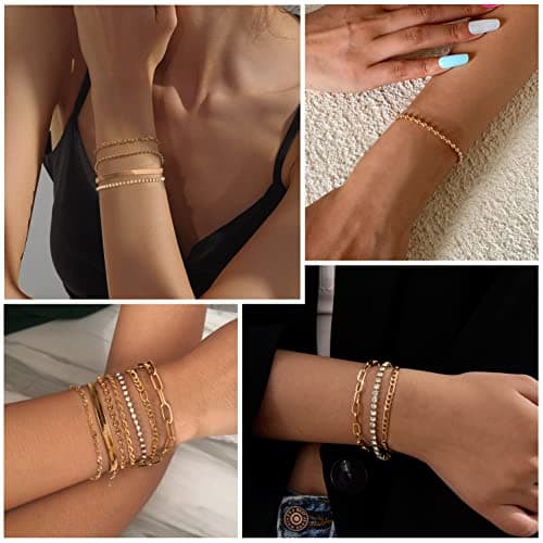 Adramata Chaîne Bracelet Acier Inoxydable Femme Regelable Réglable CZ Fantaisie Argent Or Ensemble 7 Pcs pour Femmes Fil