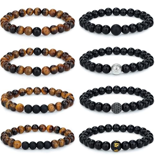 Bracelet Adramata Oeil de Tigre 8mm pour Homme en Pierre Naturelle | Cadeau d'Anniversaire pour Homme | Ensemble de Brac — 8PCS