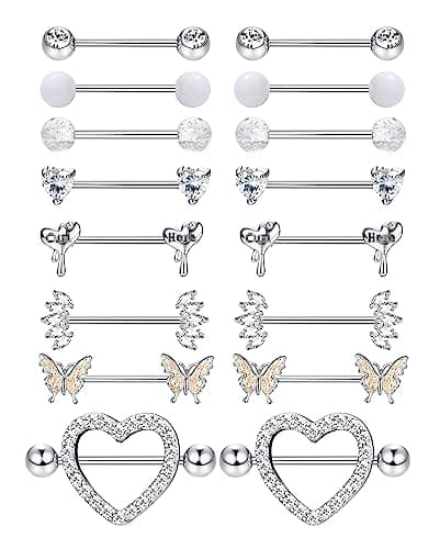 Adramata 8 Paires de Piercing de Mamelon en Acier Chirurgical pour Femmes - Coeur Papillon - Recycled Claim - Standard 1 — Argent