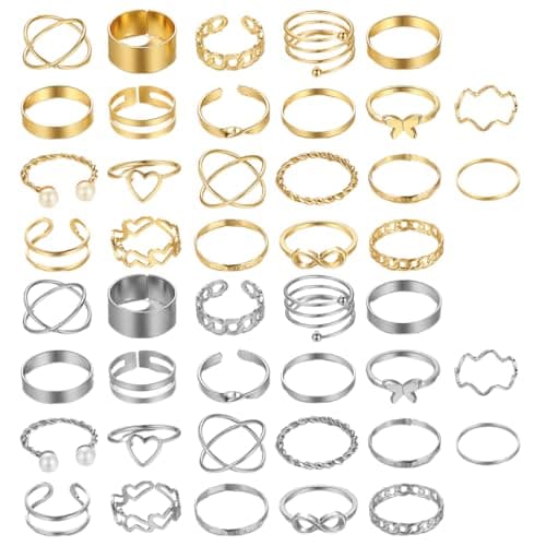 WeddHuis Bagues Boho Vintage Rétro Minimaliste Ajustable Or pour Femme — 44 pièces, or, argent