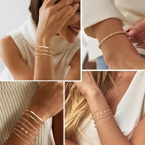 Adramata Platine Or 14K Réglable Empilable Chaîne Bracelet Femme Serpent Fantaisie Argent Or Rose Recyclé 7 Pièces Stand