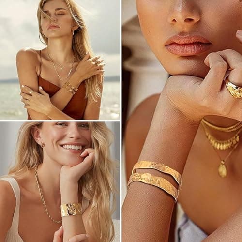 Bracelets dorés tendance pour femme - Ajustables - Vintage - Pas de gemme - Lot de 3 PIECES - Synthèse