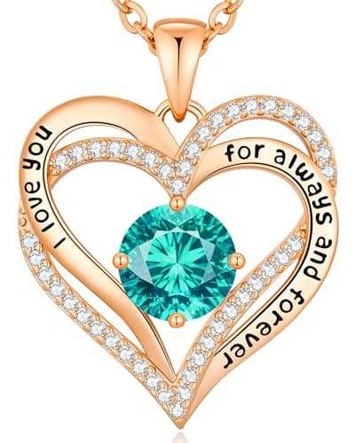 Collier Femme Coeur Pierre de Naissance, Bijoux Cadeau Fête des Mères Anniversaire Graduation Maman Noël Saint Valentin — Or Rose 12