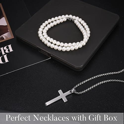 Adramata 2 Pcs Colliers en Acier Inoxydable pour Homme et Femme - Croix Viking, Lance et Perles Simulées - Chaîne Argent