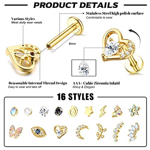 Adramata Acier Chirurgical Oreille Piercing pour Femme 16Pcs 16G Tragus Cartilage Fleur Papillon Conque Helix Bijoux Rec