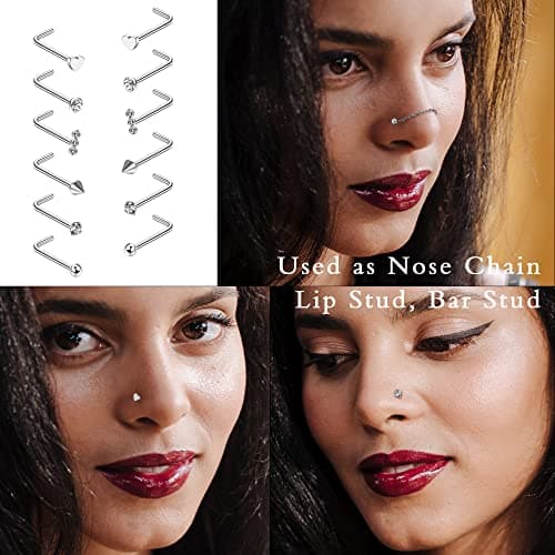 Adramata 12Pcs Nez Anneau + 10Pcs Chaîne de Nez pour Double Piercing de Femmes et Hommes - Acier Chirurgical 20G Recycle