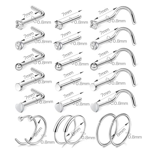 LOCCY Piercings Nez en Acier Inoxydable Bijoux pour Femmes et Hommes - Anneau de Nez 21-30 Pièces 20G Or Argent CZ L/Vis