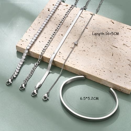 Adramata 5Pcs Chaîne Bracelets Or Acier Inoxydable Plaqué Or 14K Femme Réglable Empilables Imperméables Fantasy Bijoux F