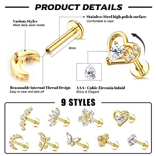 Adramata Piercings Or Argent Boucles d'Oreilles pour Femmes Tragus Helix Lune Piercings Recycled Standard 100