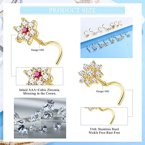 Adramata 15 Pièces Piercings au Nez pour Femme et Homme en Acier Chirurgical et Vis Serpent Fleurbijoux Or Argent