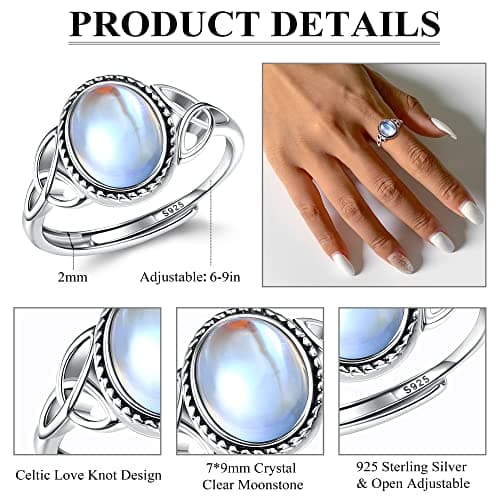 Milacolato Bague Pierre De Lune Ajustable Argent 925 Femme, Bague Triangle Celtique Zirconium Ovale Coeur Boîte Cadeau,