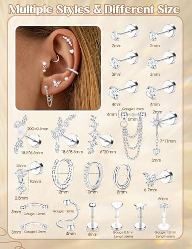 Adramata Acier Inoxydable Piercings Femme Plaquées Or Argent Conch Helix Tragus Daith Cartilage Boucle d'Oreille 23 Pcs