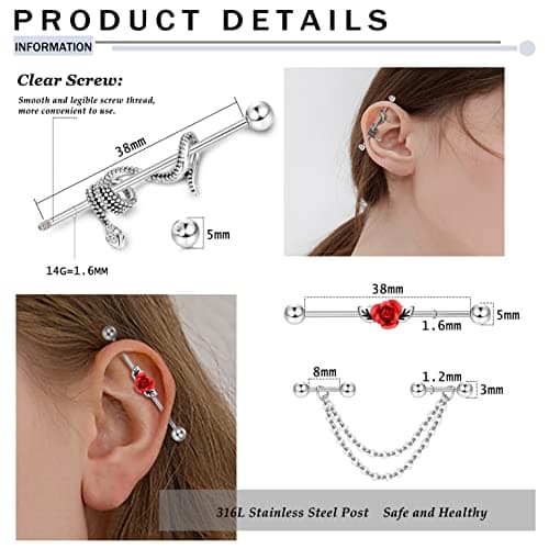 Adramata 13 Pièces Piercings Industriels 14G 16G Acier Chirurgical Boucles d'Oreilles Helix Cartilage Serpent Or Argentb